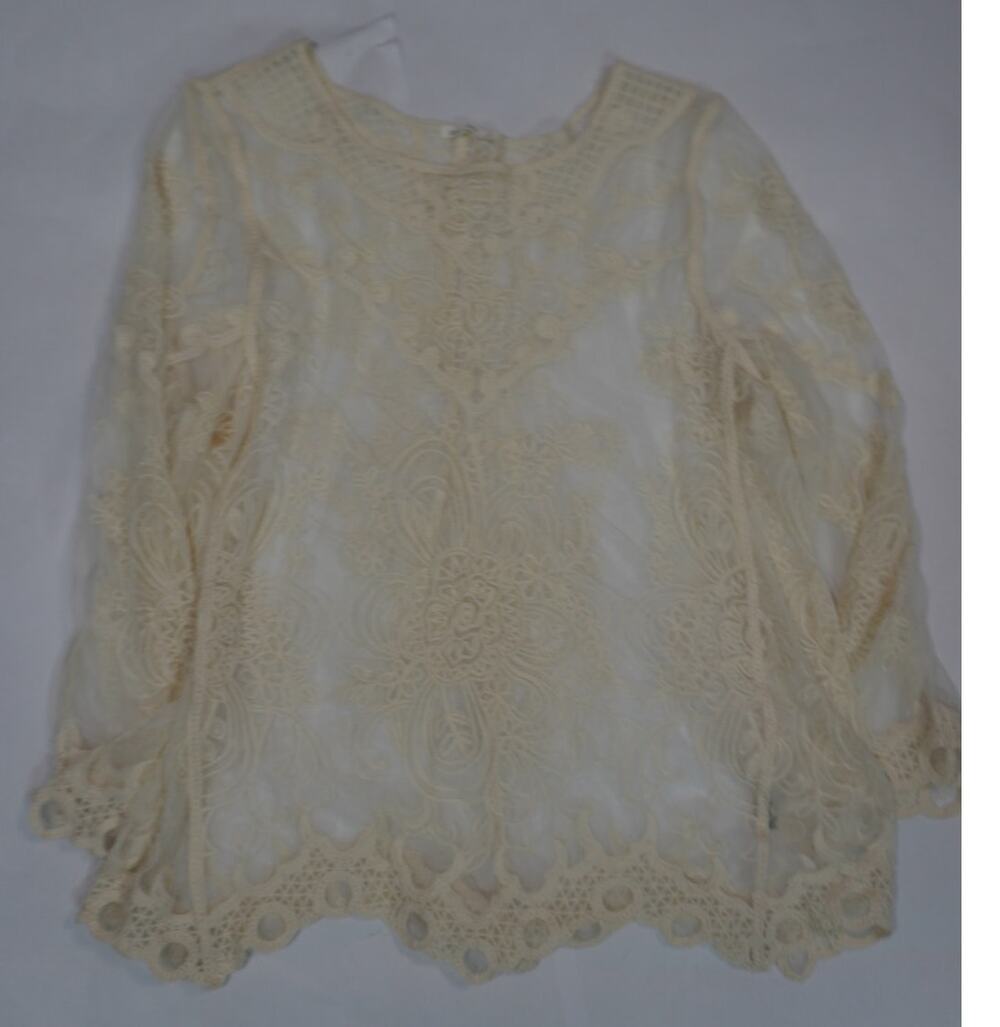 Em Crème Ivory Lace Blouse Sheer Embroidered Crochet Boho Romantic Top